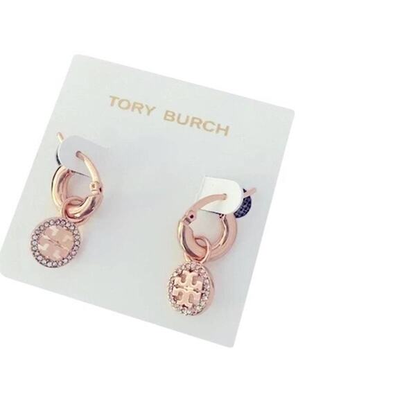 New Tory Burch Rose Gold Pave Drop Hoop Earrings - Picture 3 of 5